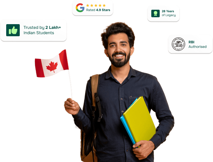 Smiling Indian student in formal attire holding Canadian flag, endorsed by 2 lakh+ students, 28 years legacy, RBI authorised, and rated 4.9 stars on Google